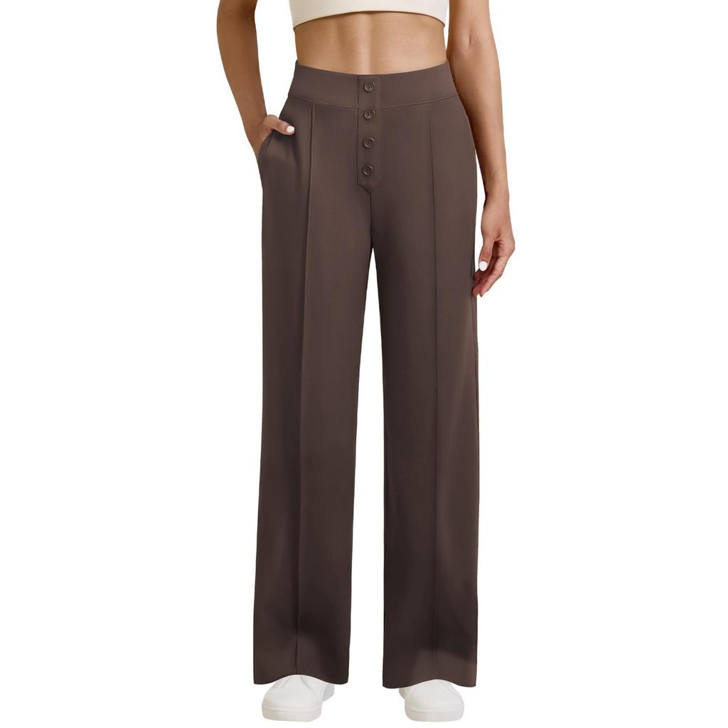 Women's Casual Straight-leg Trousers, High-waisted, Button-down, Elasticated, Wide-leg Trousers With Pockets