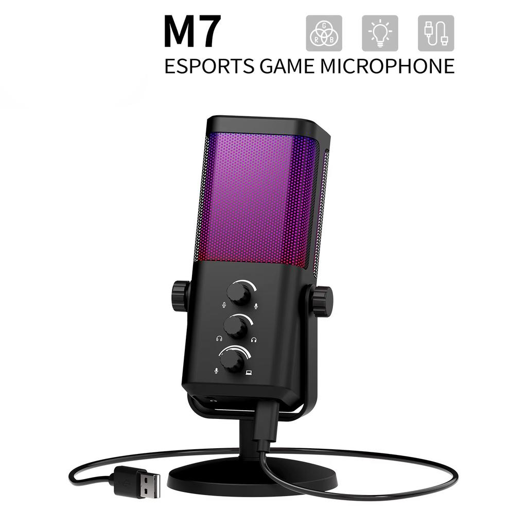 Portable M7 RGB Gaming Microphone Professional Dynamic Cardioid Condenser Studio Broadcast Voice Podcasting Computer Gaming Mic with Noise Reduction