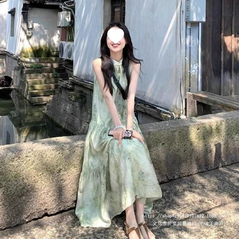 Gentle wear button mint green dress summer national style new holiday floral sleeveless long dress skirt