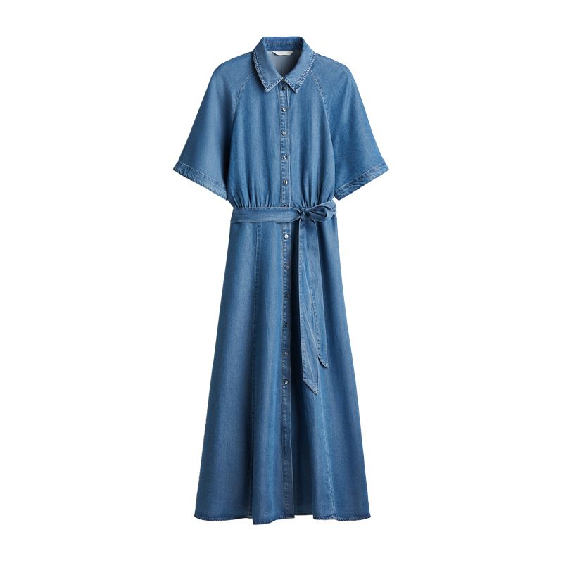 

Spring and Summer Women s Clothing Waist Belt Shirt Collar Raglan Mid-Sleeve Horn Mid-Length Denim Dress 1271135 Cowboy Blue L