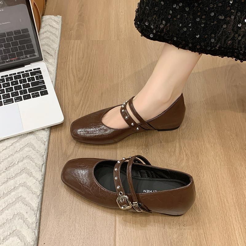 Fashion Spring new single shoes women's fashion square head shallow mouth rivets metal one-line buckle soft sole non-slip flat shoes