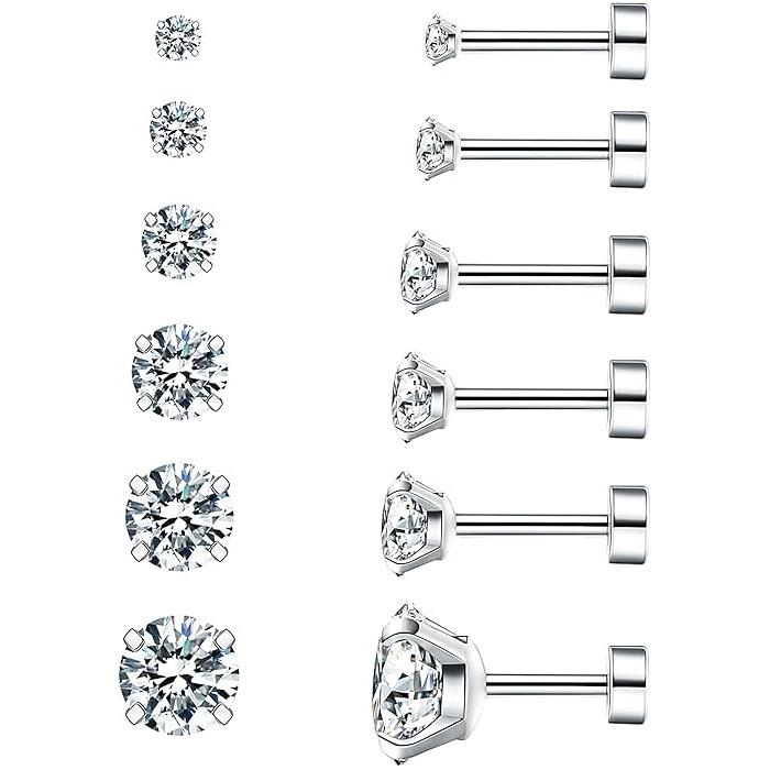 Kolip 6 Pairs Hypoallergenic Cubic Zirconia Stud Earrings, Surgical Steel Flat Back Earrings Set for Women Men серебряный