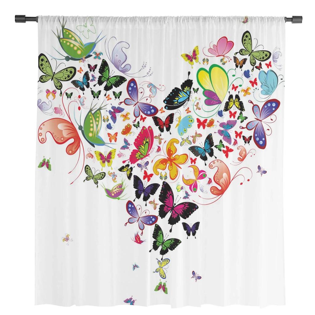 Bunter Schmetterling herzförmiger weißer Chiffon-Vorhang für Wohnzimmer, Schlafzimmer, Dekoration, Fenster, Voiles, Tüll-Vorhang