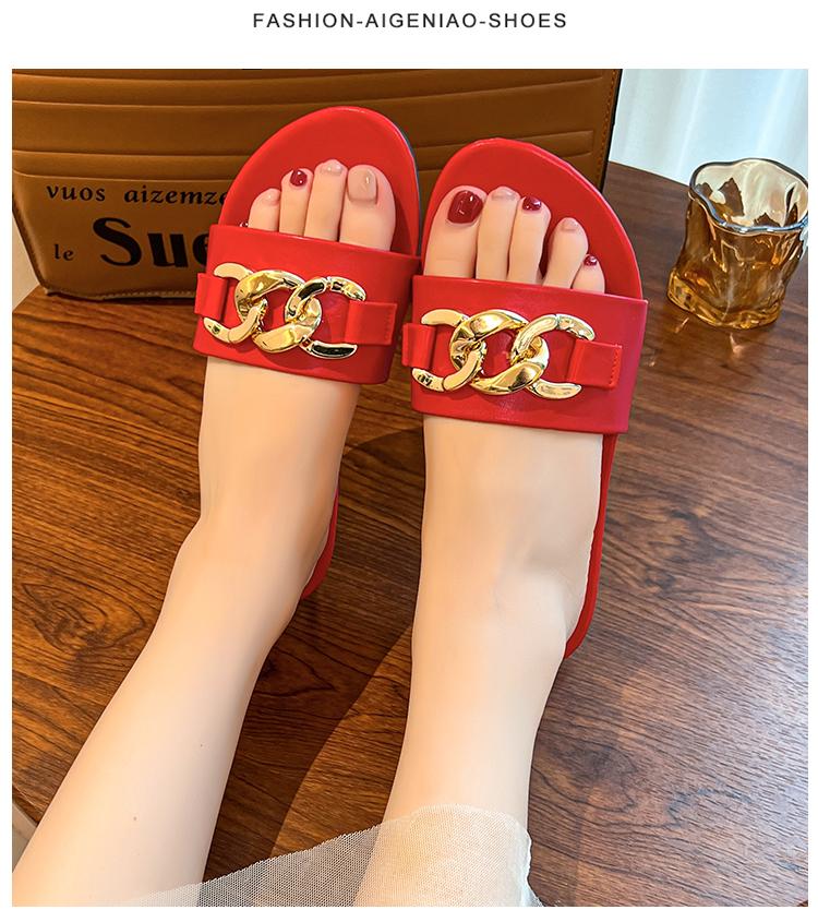 Fashion 2025 New Flat Leopard Women'S Slippers New European American Metal Chain Square Toe Flat Shoes Women'S Sandals Slippers Zapatos