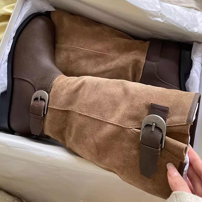 Cowhide version! Retro western cowboy boots women's belt buckle big tube circumference fat MM but knee thick heel thin knight boots