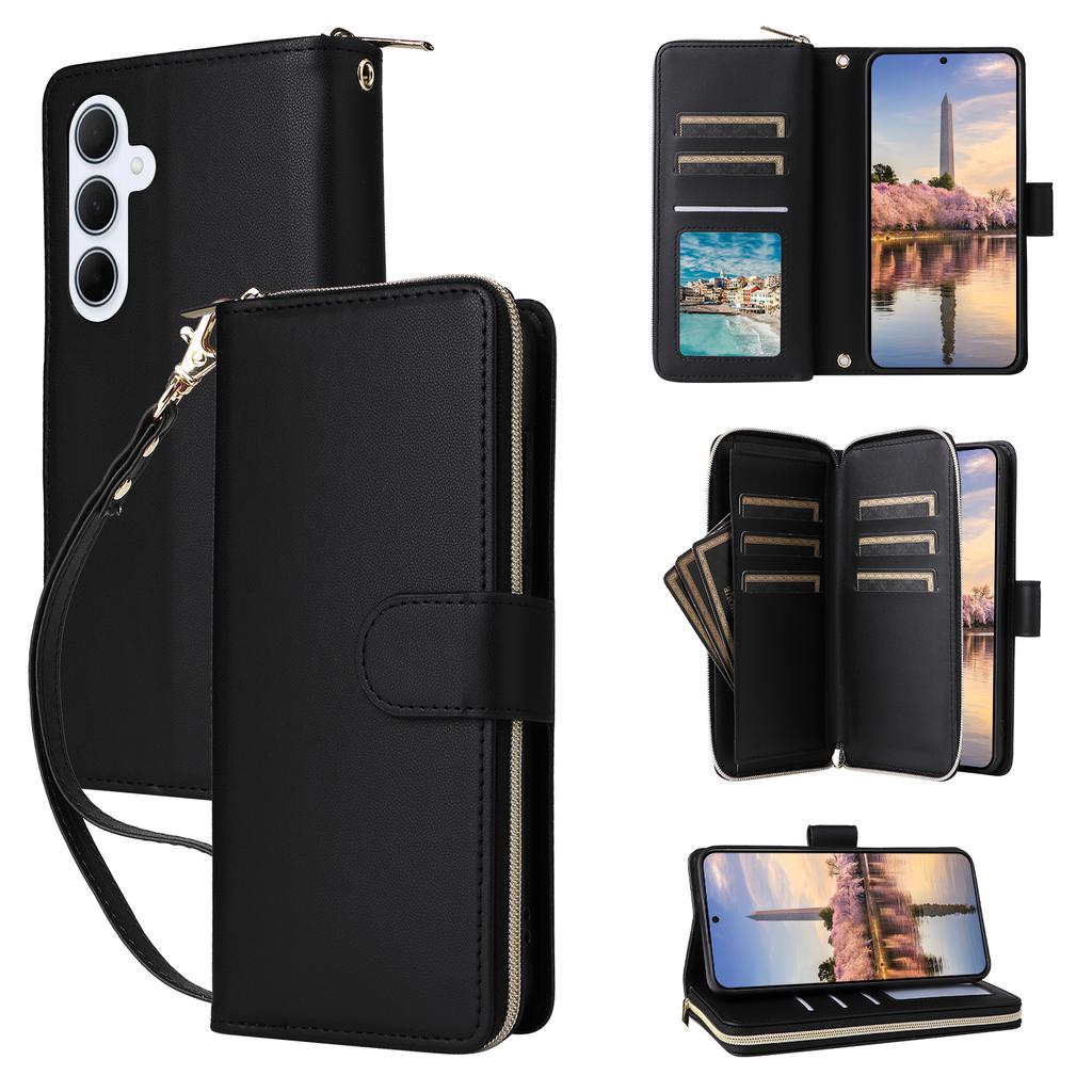 R20 For Samsung Galaxy A35 5G Case PU Leather Zipper Phone Cover with 2 Straps