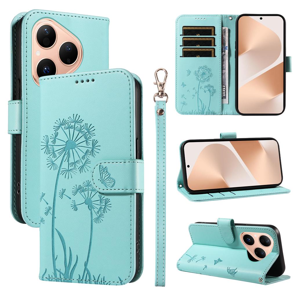 Ādas maciņš Huawei Pura 80 ar siksniņu, ar pienenes apdruku, telefona statīva vāciņš