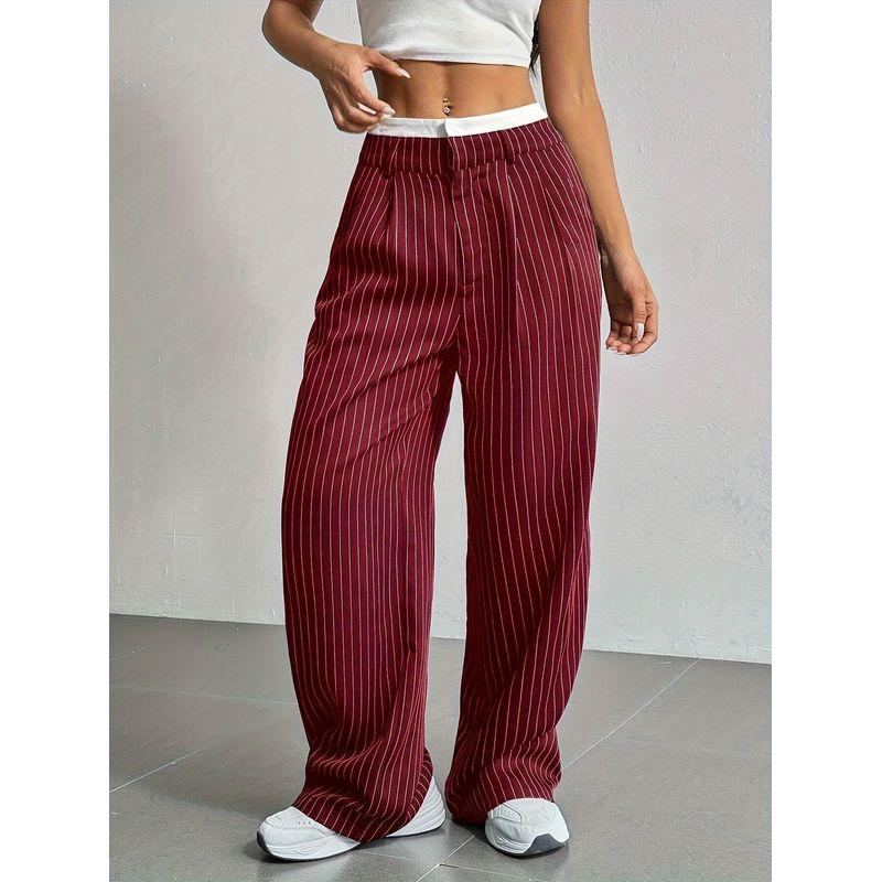 

Women Striped Pants Wide Leg Work Office Long Trousers Pants women Burgundy M