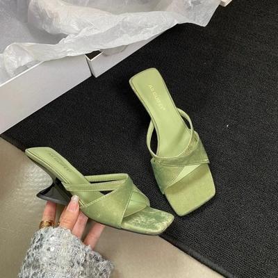 Summers Slippers Women's Fashion Narrow Band Thick Heel Elegant Square Toe Party Dress Slides Women