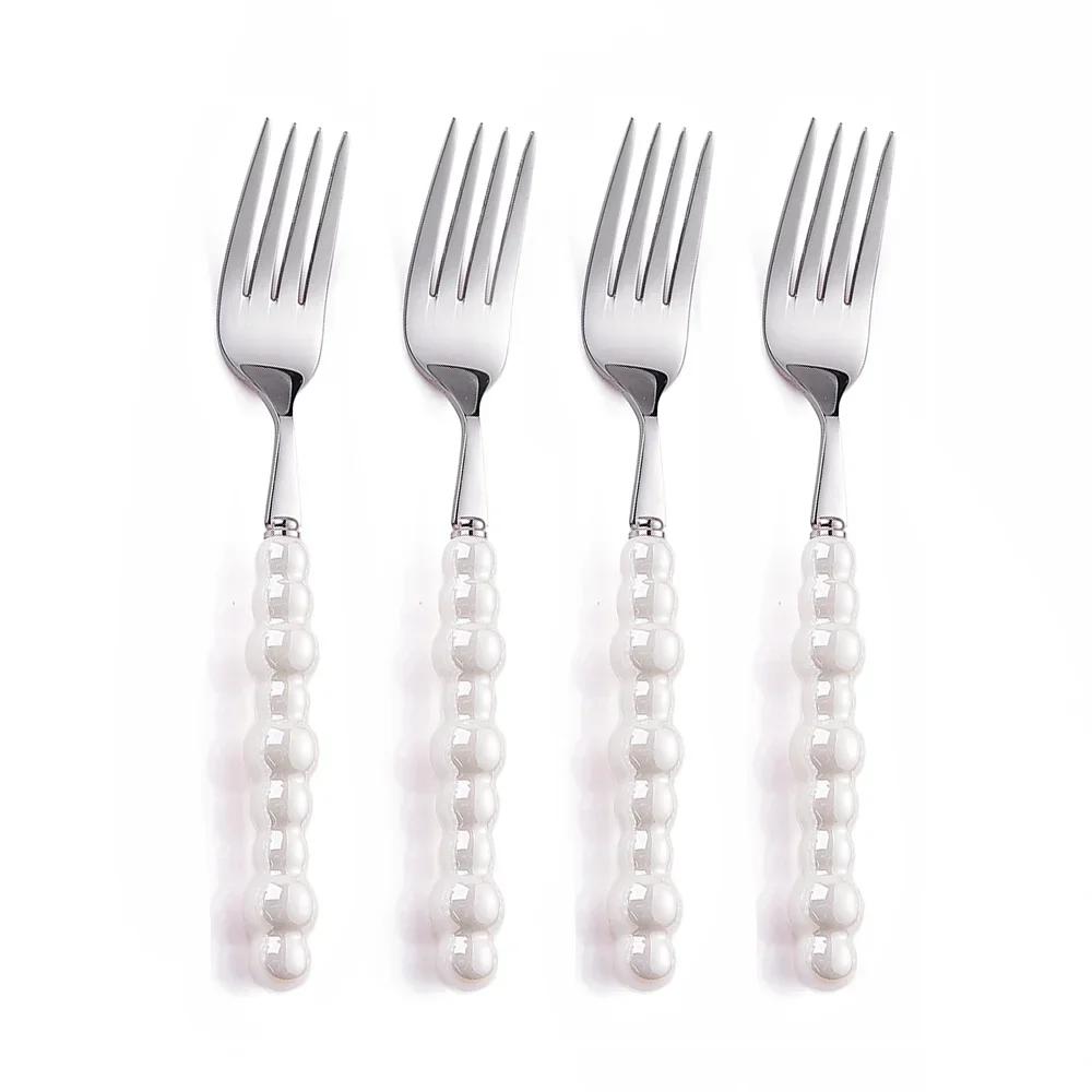 1Pcs Luxury Dinnerware Set Ceramic Pearl Handle Stainless Steel Spoon And Fork Set Western Silver Cutlery High-looking Tableware