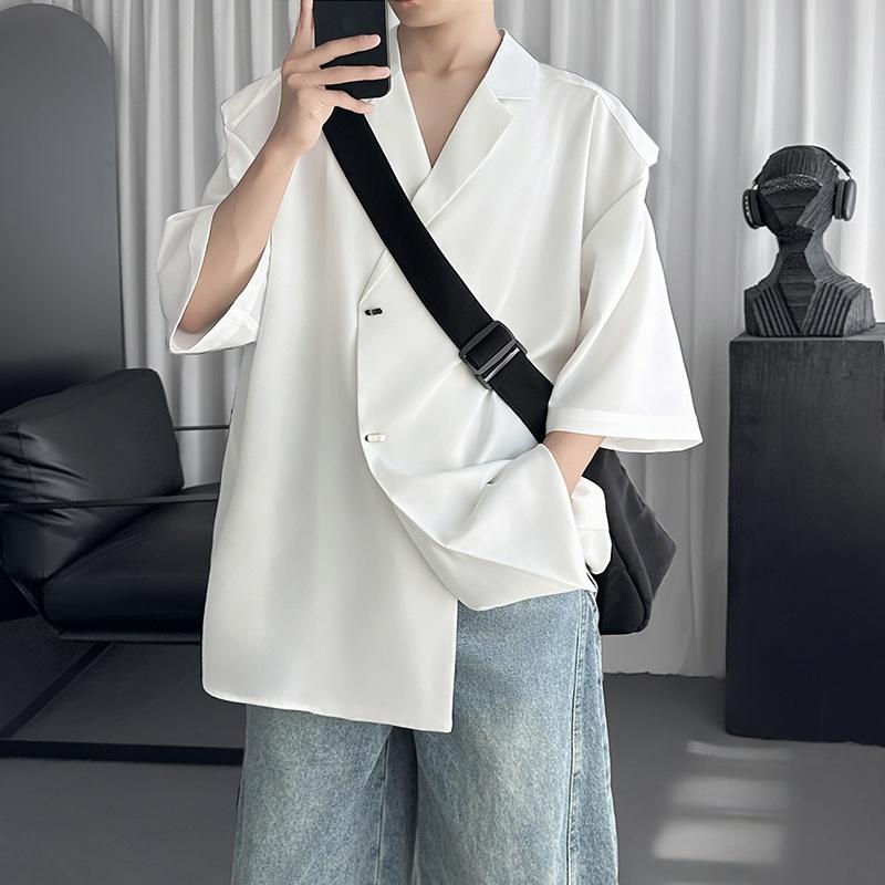 2025 Sommer Schwarze Kurzarmhemden Herren Koreanisch Bequeme Blusen Männlich Lässig Locker Einreihiges Hemd