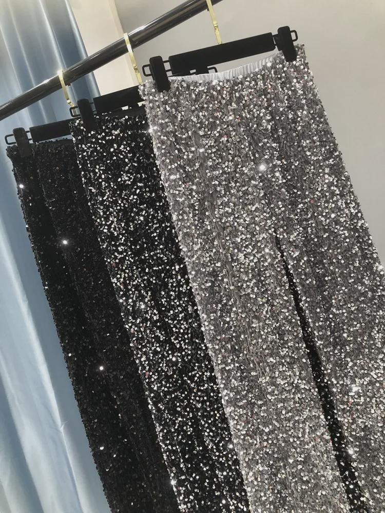 Women's Korean Velvet Sequin Wide-Leg Pants – Thick, Shiny, Extended Straight Fit for Autumn and Winter