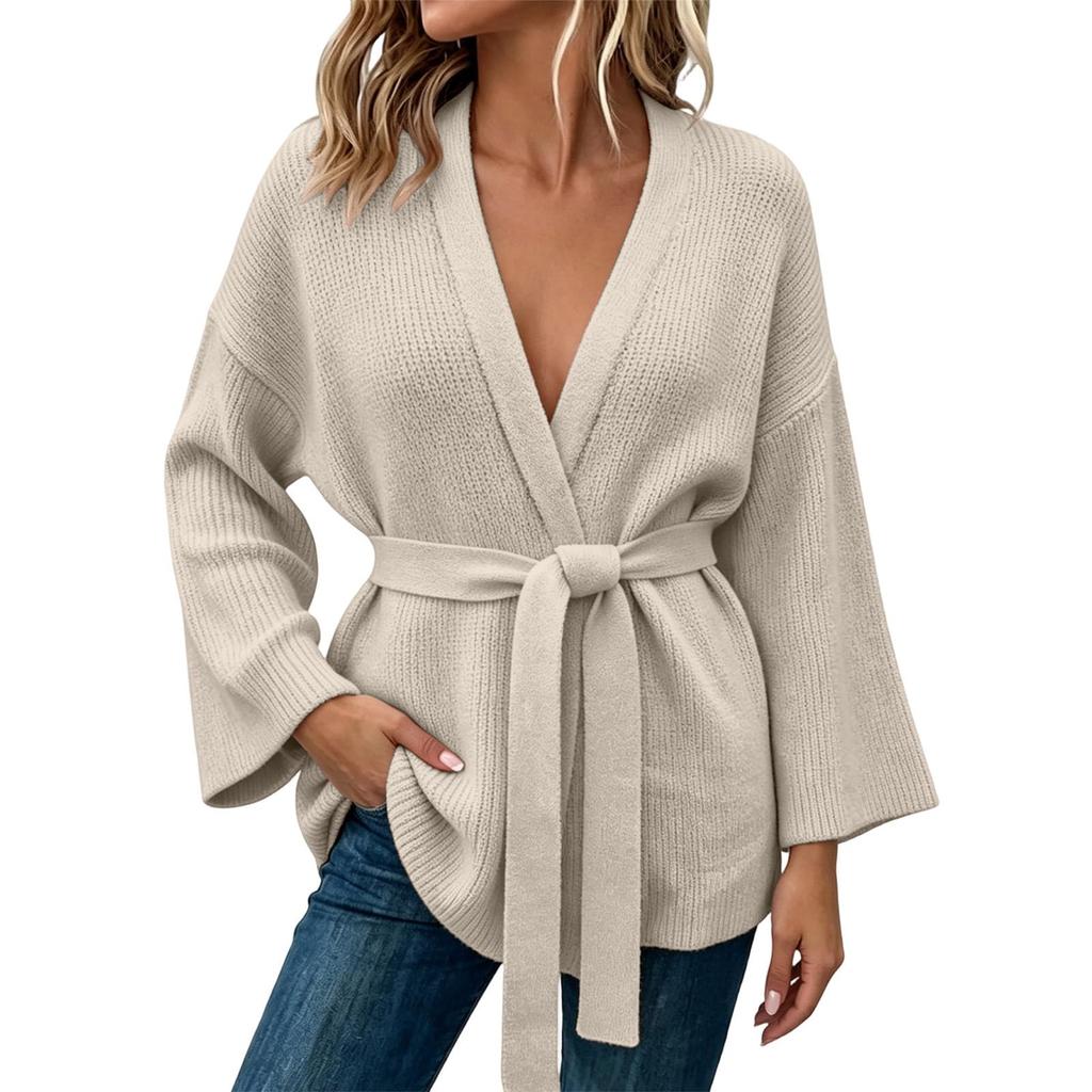 Women's Casual Knit Cardigan with Belted Waist Open Front Sweater for Everyday Wear