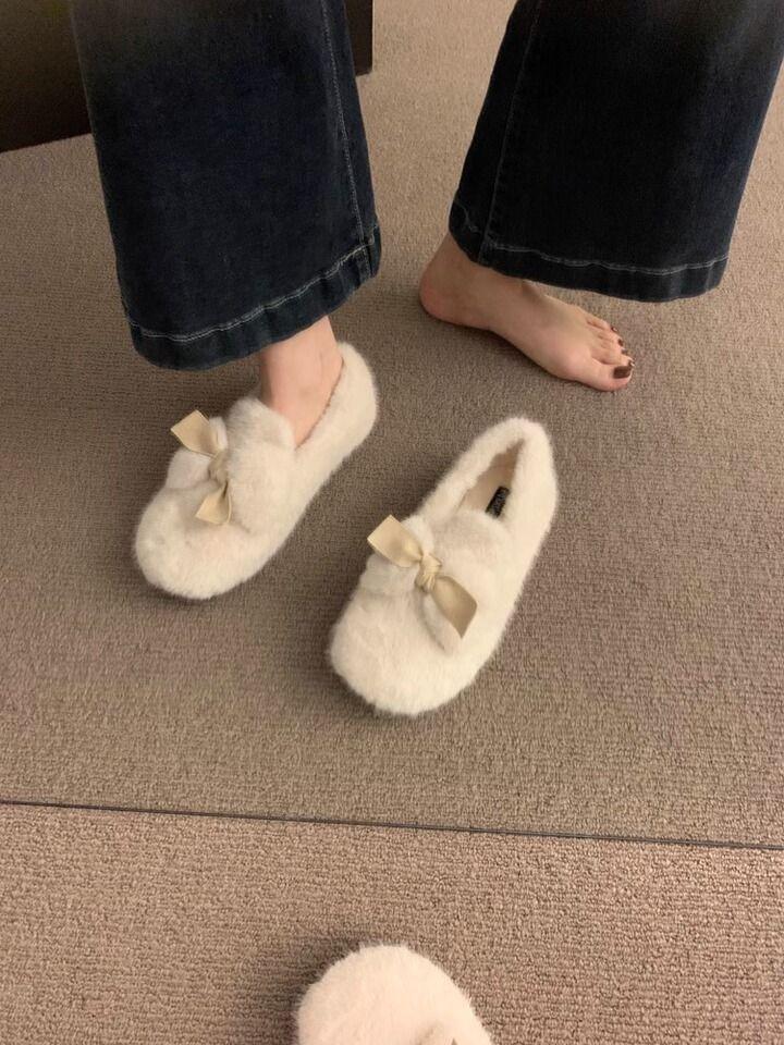 Mao Mao Schuhe Damen tragen ein Pedal Doudou Schuhe 2025 neu Herbst und Winter Nerz Plüsch Baumwollschuhe flache Baumwolle Damenschuhe