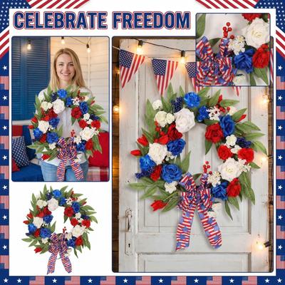 Independence Day Wreath, American Flag Wreath, Rose Wreath, Door Ring Decoration Wreath