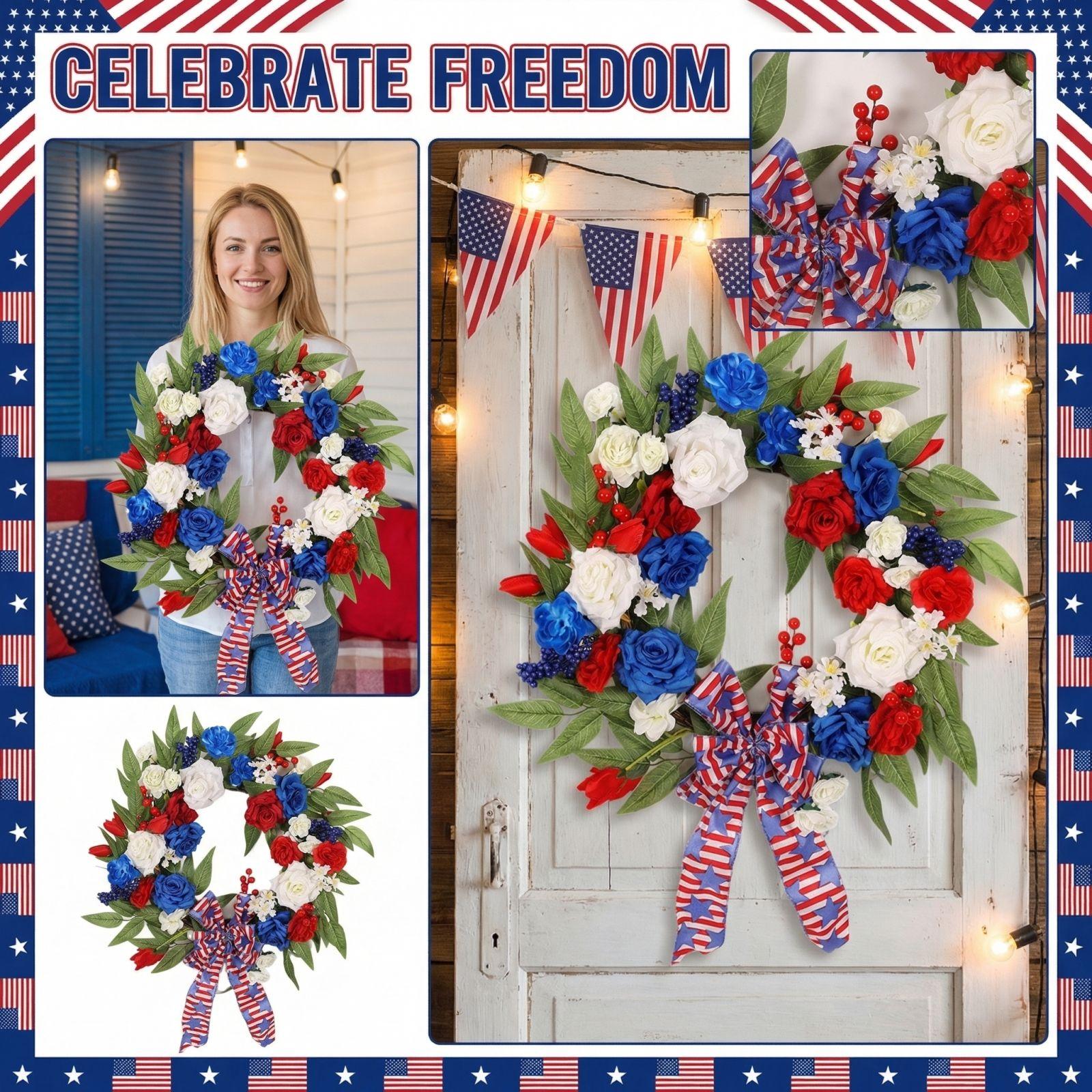 Independence Day Wreath, American Flag Wreath, Rose Wreath, Door Ring Decoration Wreath One Size