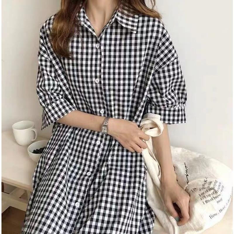 Spring and Summer Super Long Knee Length Checked Shirt Dress