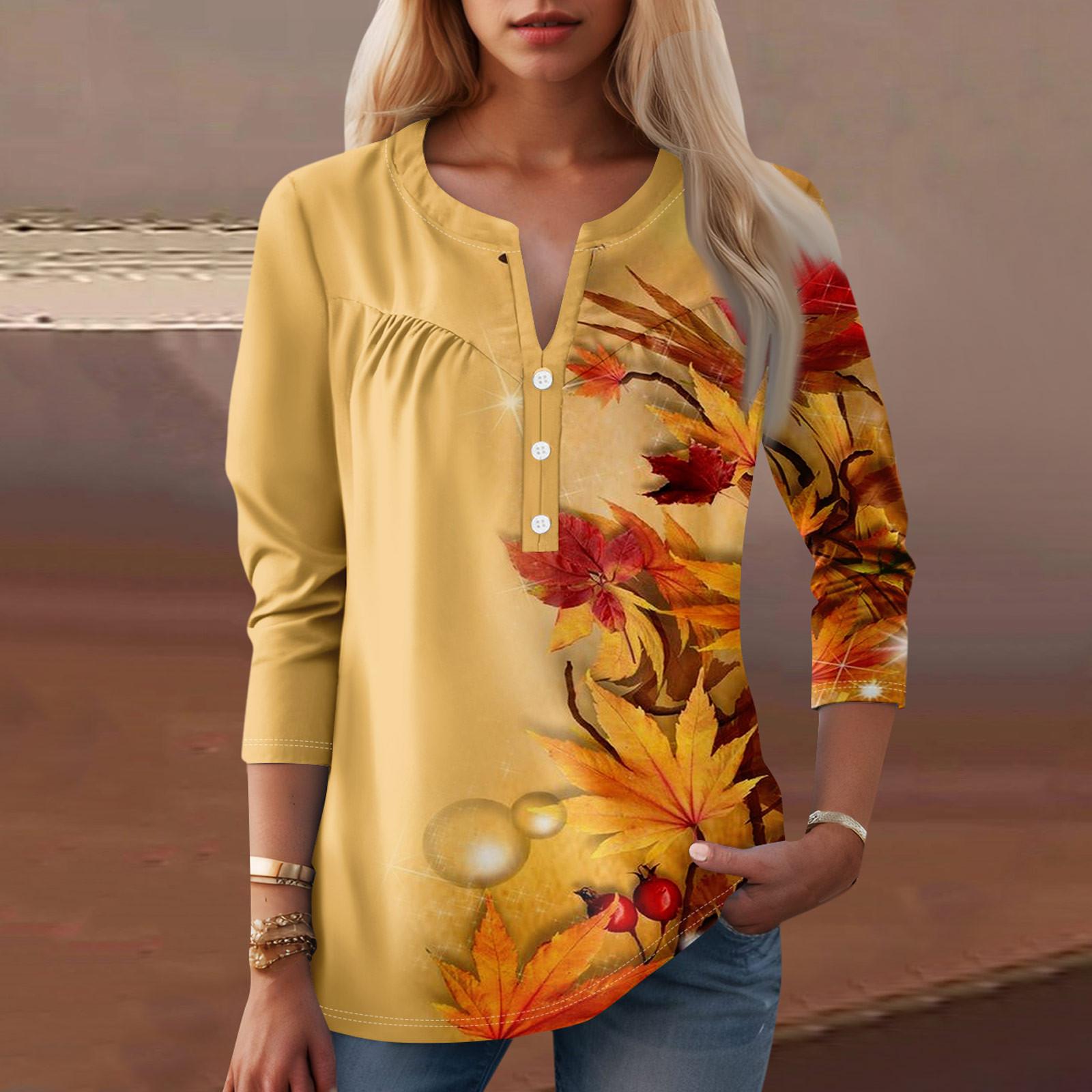 

Женская мода повседневная три четверти рукав V-образный вырез цветочный принт топ XXXL оранжевый