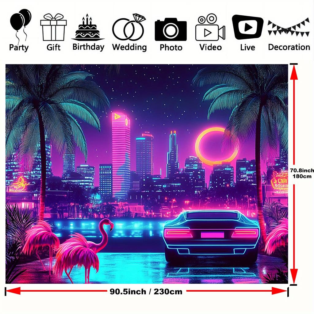 One Piece, Neon Retro Miami 80s Summer Disco Tropical Theme Background, Polyester, Suitable for Weddings