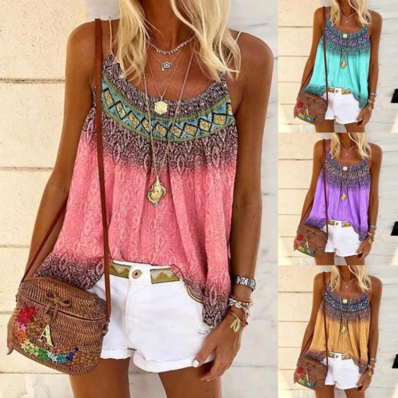 

Взрывной летний принт Подтяжка Топ С круглым вырезом Свободный Повседневный Жилет Подтяжка Женский