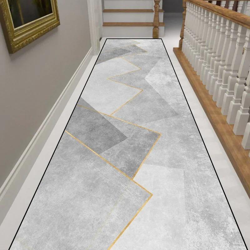 Moderne Geometrische Hal Loper Tapijt Grijs Gouden Lijnen Abstract Lang Vloerkleed voor Woonkamer Keuken Entree Antislip
