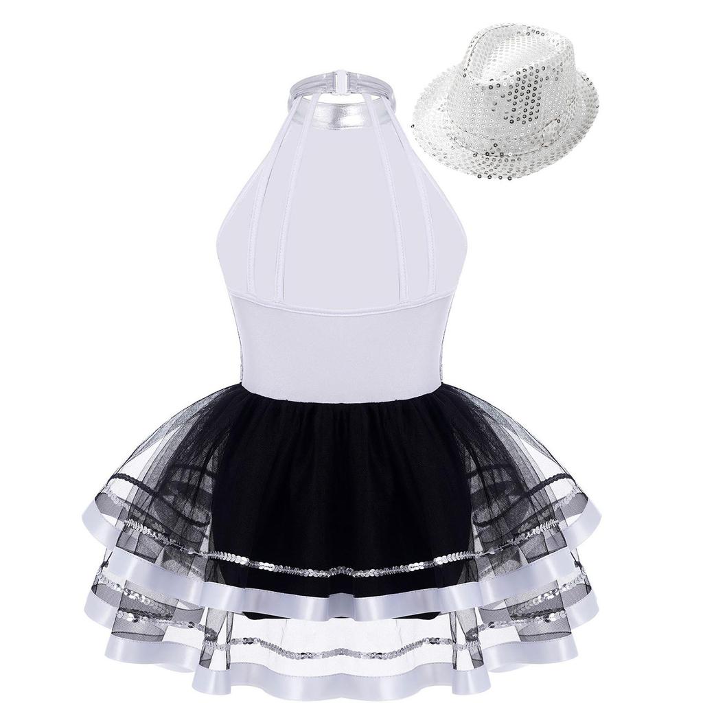 Girls Shiny Sequins Halter Tutu Dress Dance Performance Costume with Hat