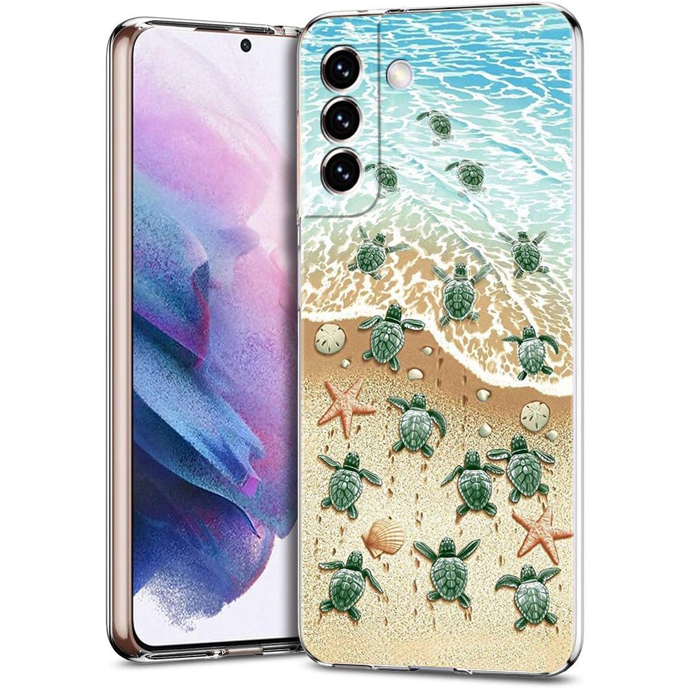Phone Case For Samsung S24 Ultra S23 FE S22 S20 S21 5G S10 S9 Plus S10E S8 Soft Clear lovely Cartoon sea turtle ocean blue Cover