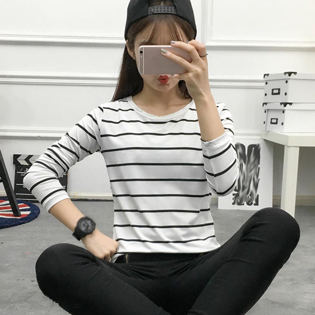 Women Korean Version Loose Stripe Long Sleeve  Bottoming Shirt Casual Tops