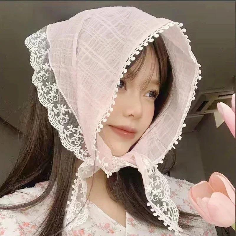 Fashion Summer Sweet Flower Lace Headscarf for Women Korean INS Triangle Scarf Hairband Cute Pastoral Style Hair Accessories