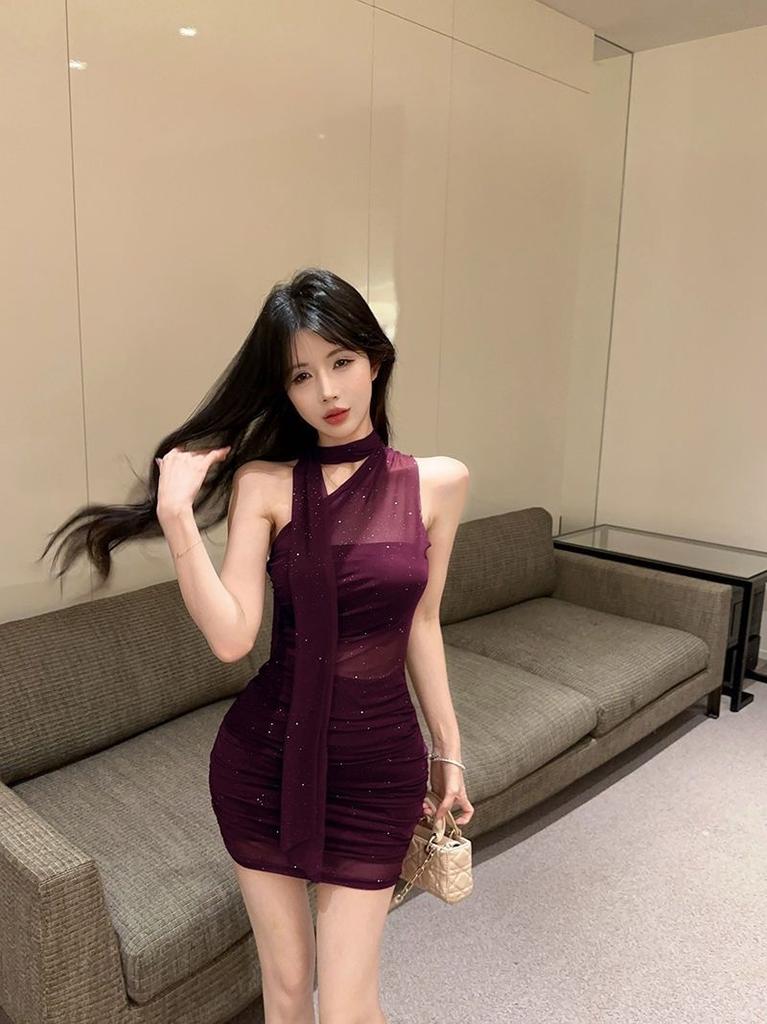 Sexy pure desire mesh splicing neck dress slim and thin nightclub style hip skirt 2026 summer