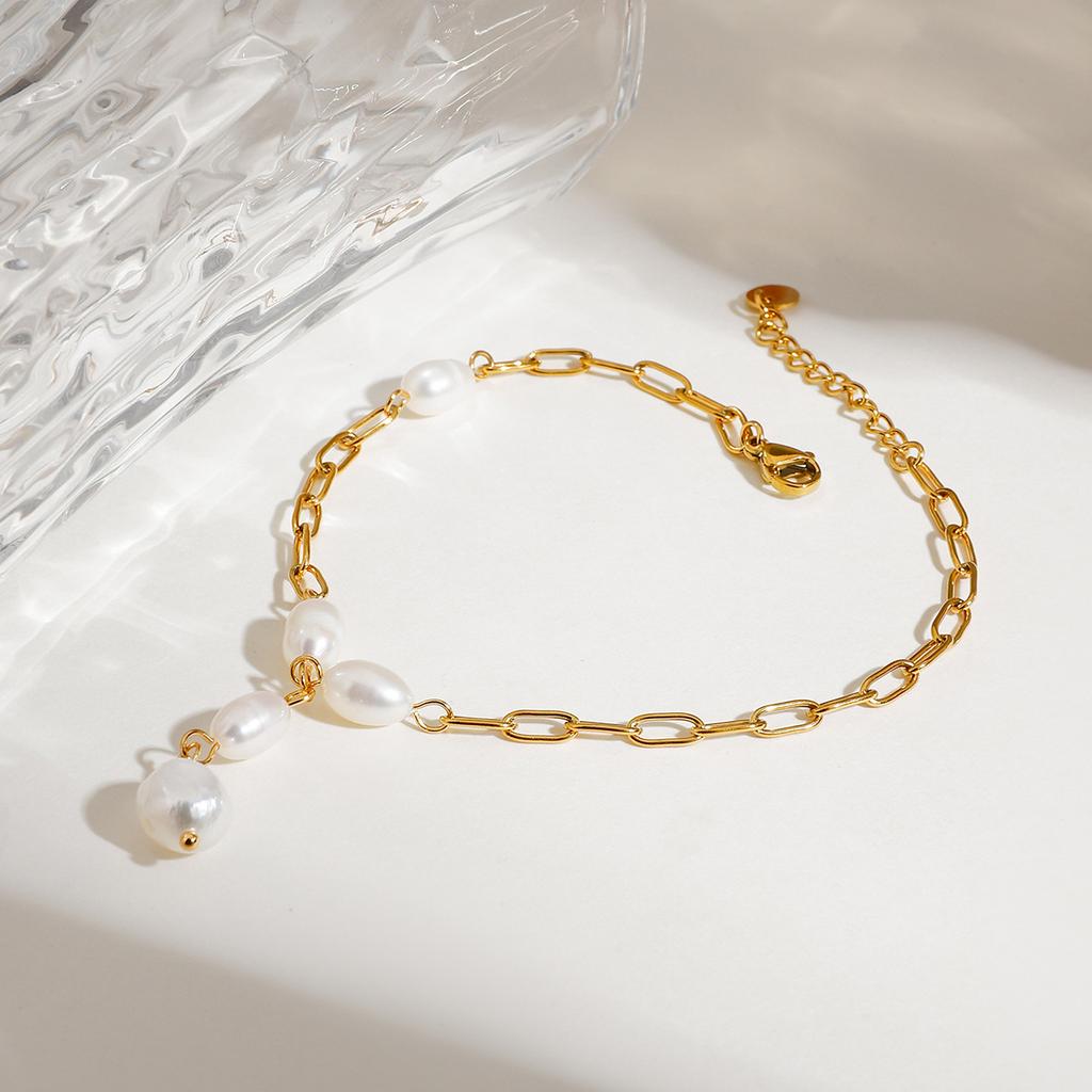 BASQUESUN 18K PVD Gold Plated Shiny Paper Pin Chain Pearl Tassel Stainless Steel Freshwater Pearl Anklet Bracelet
