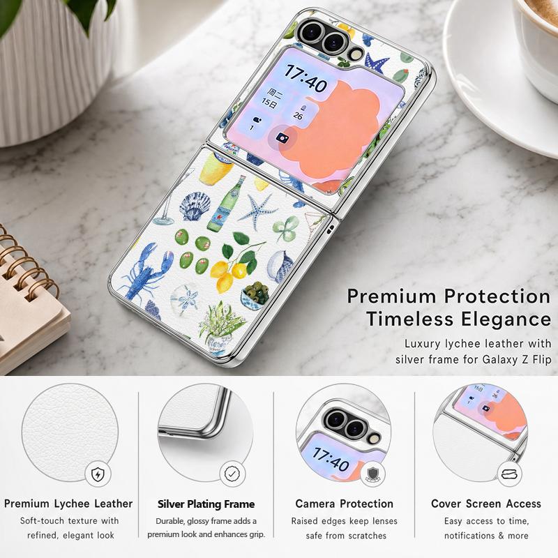 Summer Ocean Themed Phone Case For Samsung Galaxy Z FlIP 7 FE 6 5 Z Flip7 Flip6 Flip5 Luxury Plating PC+PU Leather Hybrid Folding Phone Cover