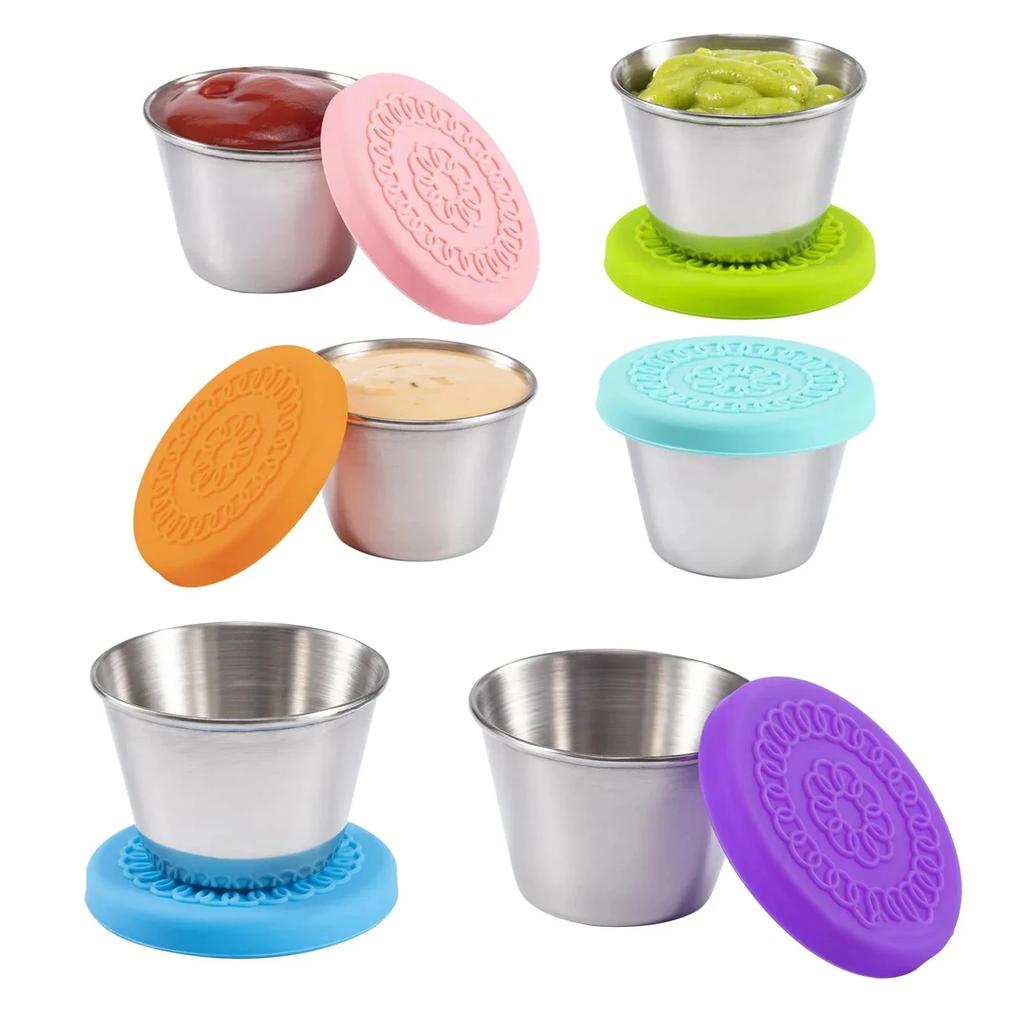 6 Stück 70 ml Salatdressingbehälter Edelstahl Tragbar Silikondeckel Auslaufsicher Dipsoße Gewürzbox