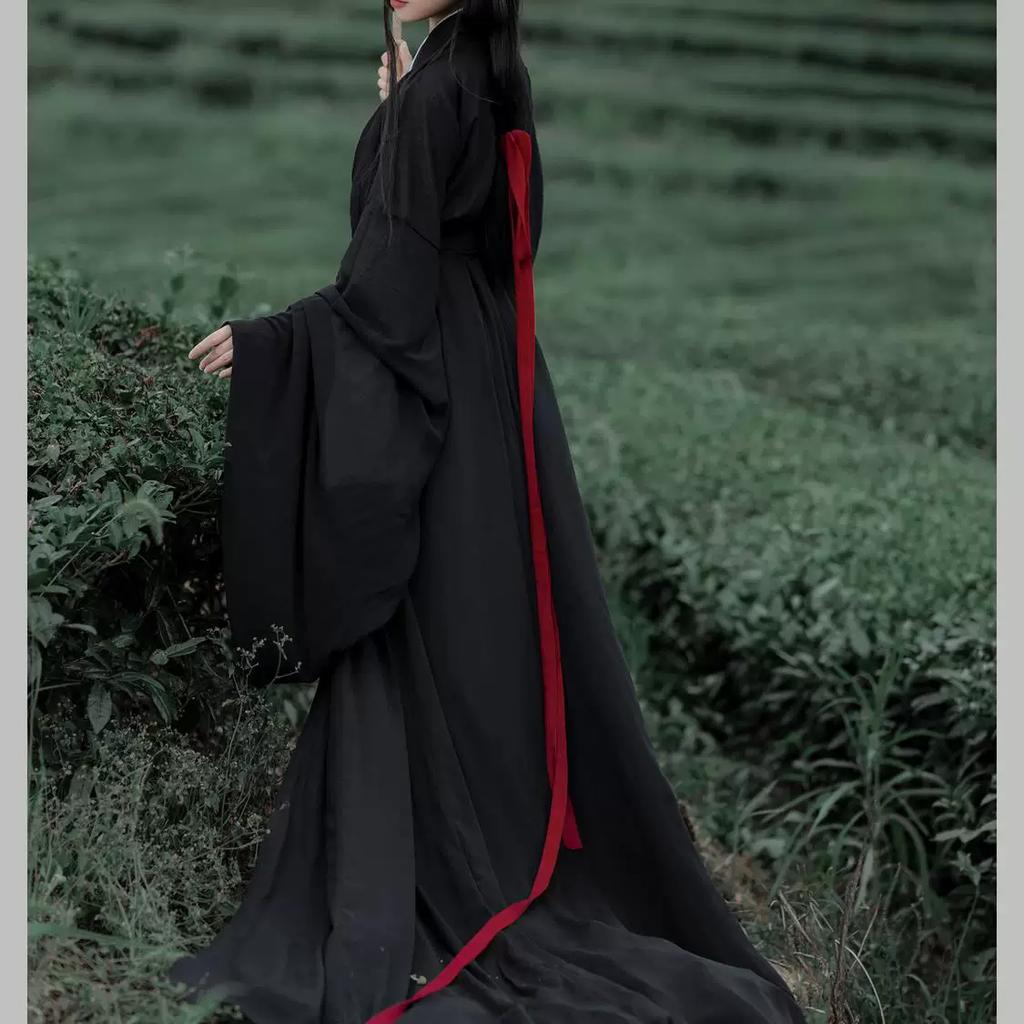 Elegant Chinese Traditional Hanfu Set, Flowing Wide Sleeve Robe with Trailing Straight Hem, Cold Style Fairy Photography Outfit