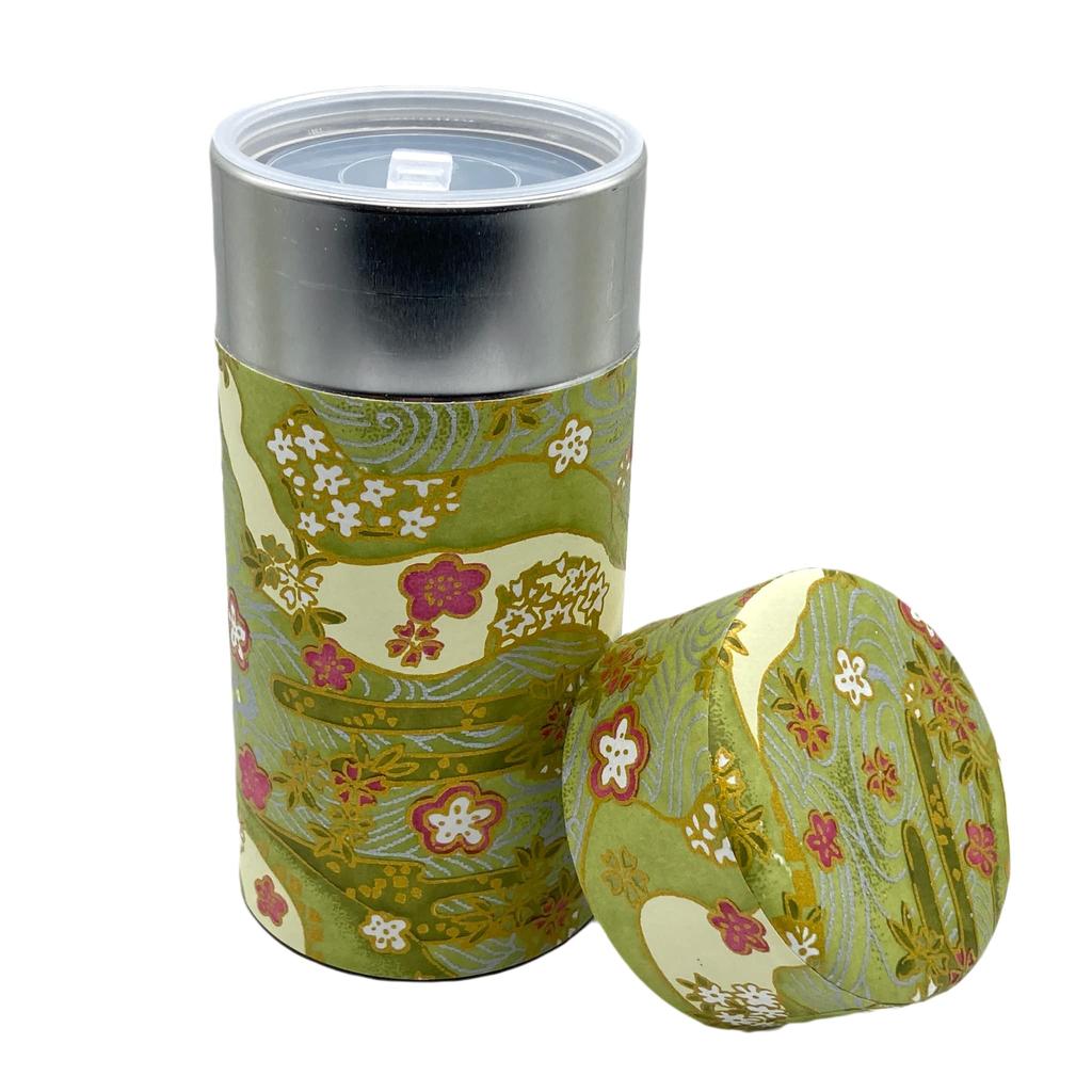 Noguchi Kumataro Tea Garden Tea Caddy, Large Capacity 200g, with Washi Paper and Inner Lid, Shikisai Green, Made In Japan, Stylish