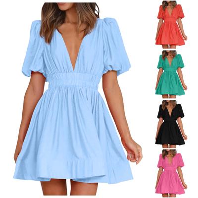 Women's V Neck Casual Dress Summer Loose High Waist Deep V Waist Pleat Puff Sleeve Dress Pleat Cute  Skirt