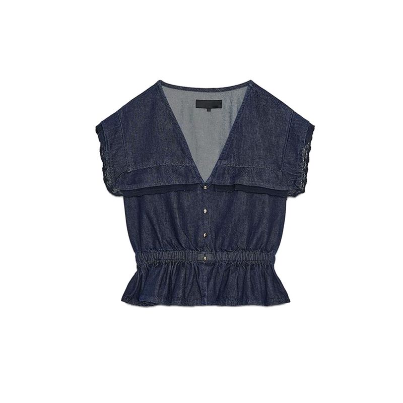 V Neck Short Sleeve Lace Denim Shirt 6147155 High Waist Lace Denim Casual Shorts 6147159