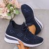 Women'S Glittery Rhinestone Thick Sole Sneakers - Breathable Knit Fabric, Non-Slip Fashion Sneakers with Lace-Up Closure, Casual Comfortable Shoes