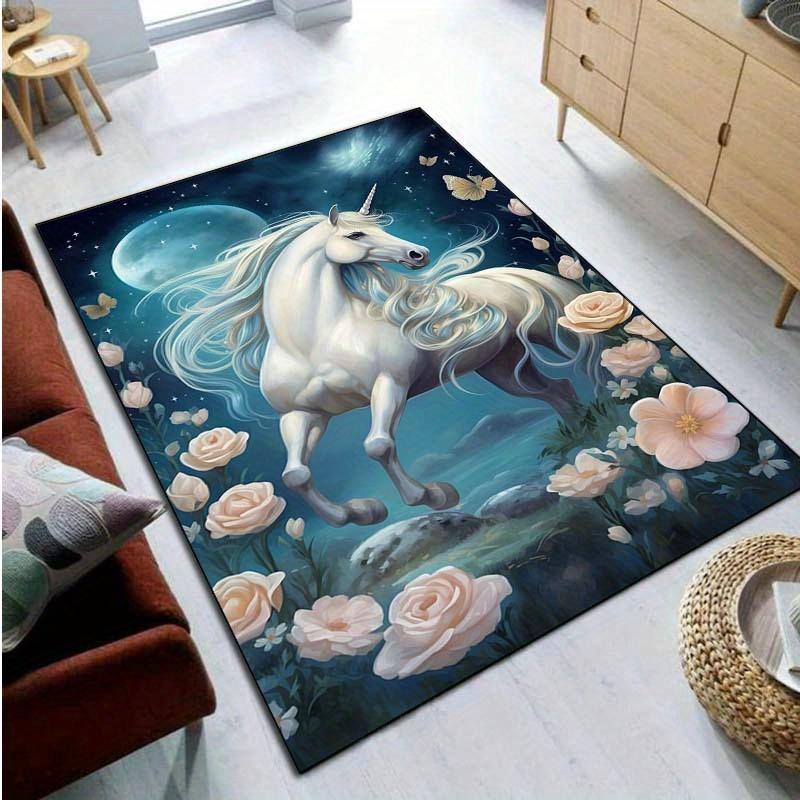Unicorn and Roses Rug for Elegant Interiors - Magical Horse Design Carpet with Floral Accents for Living Room or Bedroom Decor
