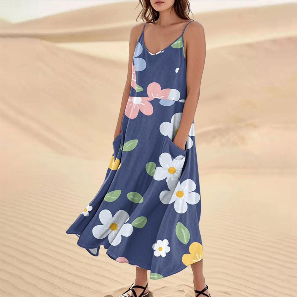 Women's Casual V Neck Floral Print Sleeveless Pocket Suspender Dress