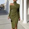 Women’s Asymmetric One Shoulder Long Sleeve Bodycon Midi Dress with High Neck and Front Slit for Formal Occasions