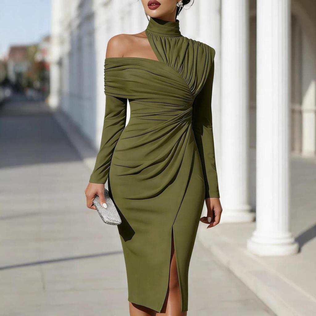 Women’s Asymmetric One Shoulder Long Sleeve Bodycon Midi Dress with High Neck and Front Slit for Formal Occasions