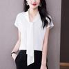 Women Bow Tie Blouse Short Sleeve Chiffon Shirt OL Commuter Loose Casual Office Top M-3XL