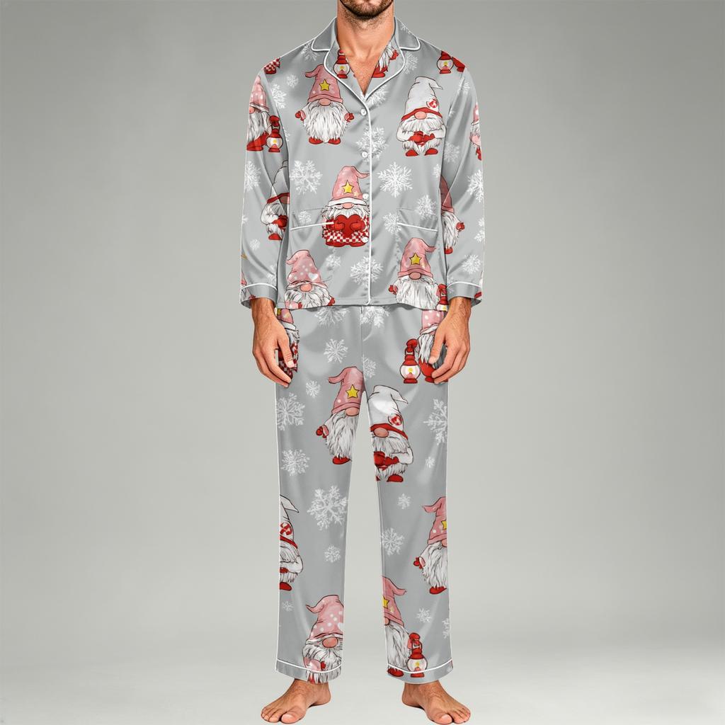 Men's Pajama Set Long Sleeve Button-Down Top and Pants Set for Home Sleepwear