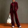 Women's Casual 2 Piece Set - Color Stand Collar Cardigan with Wide Leg Pants