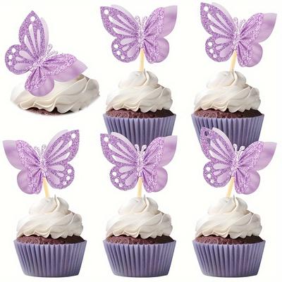 24pcs Butterfly Cupcake Toppers Assembled Double Layers Cupcake Topper 3D Glitter Cupcake Toppers Butterfly Cocktail Picks Decorations