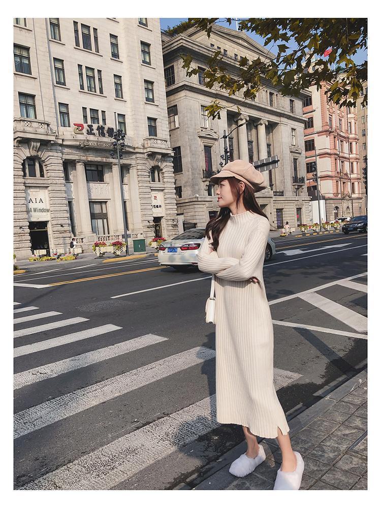 2024 Mittellanges Lockeres Strickkleid: Herbst/Winter Koreanischer Stil Überknie Gestricktes Damenkleid