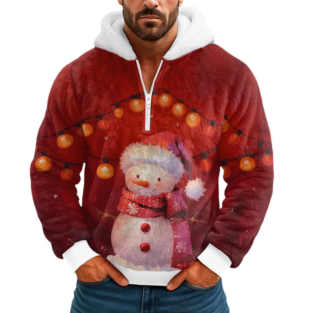 Pánská plyšová mikina s kapucí a polovičním zipem