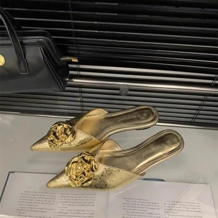 Fashion Women Flats Slippers Pointed Toe Elegant Mules Shoes Fad Slingback Sandals 2025 Summer New Luxury Flip Flops Mujer Slides