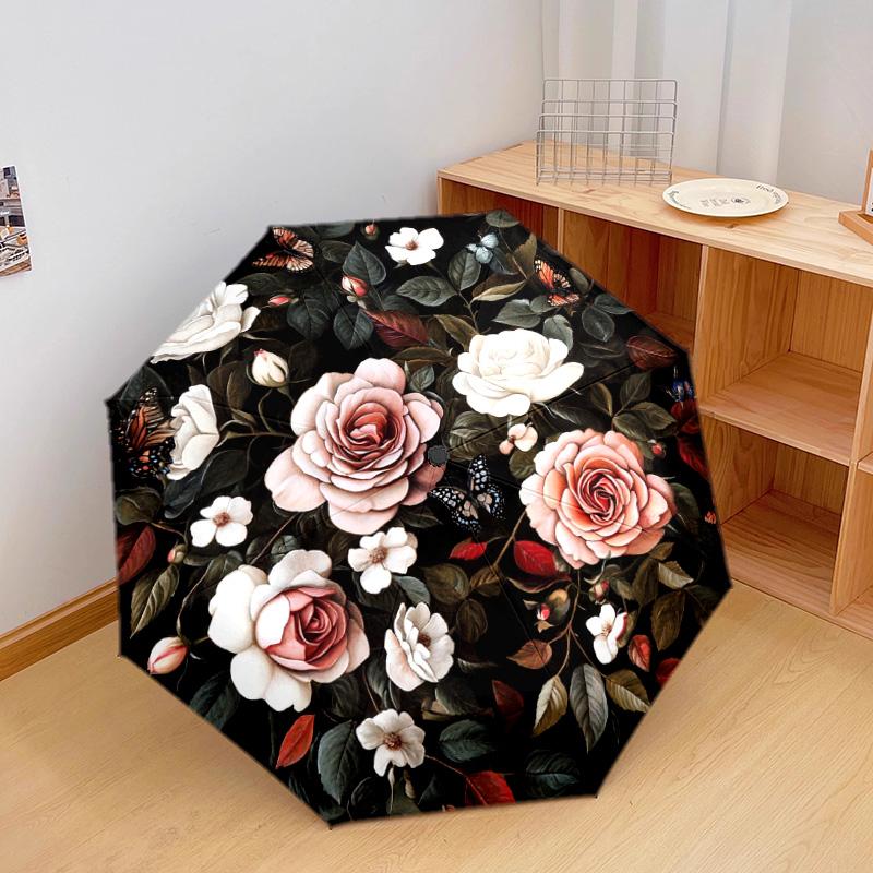 1 PC Automatic Folding Umbrella - Roses and Butterflies Pattern, Portable & Foldable Design with 8 Ribs, Christmas Birthday Gifts